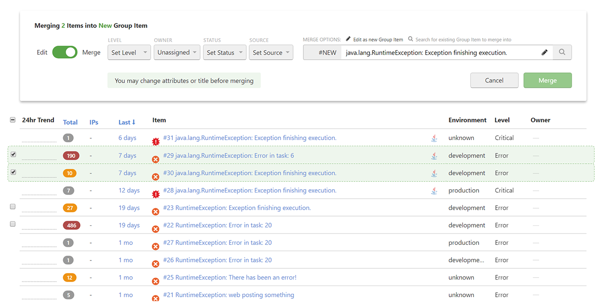 Group similar Java errors for clear error reporting
