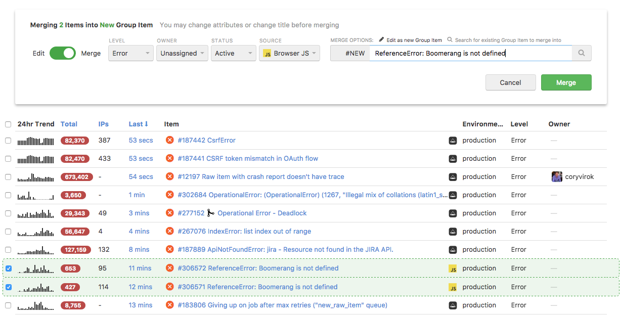 Merge similar JavaScript errors for clear crash reporting