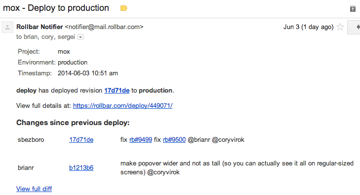 Deploy emails show which commits were deployed
