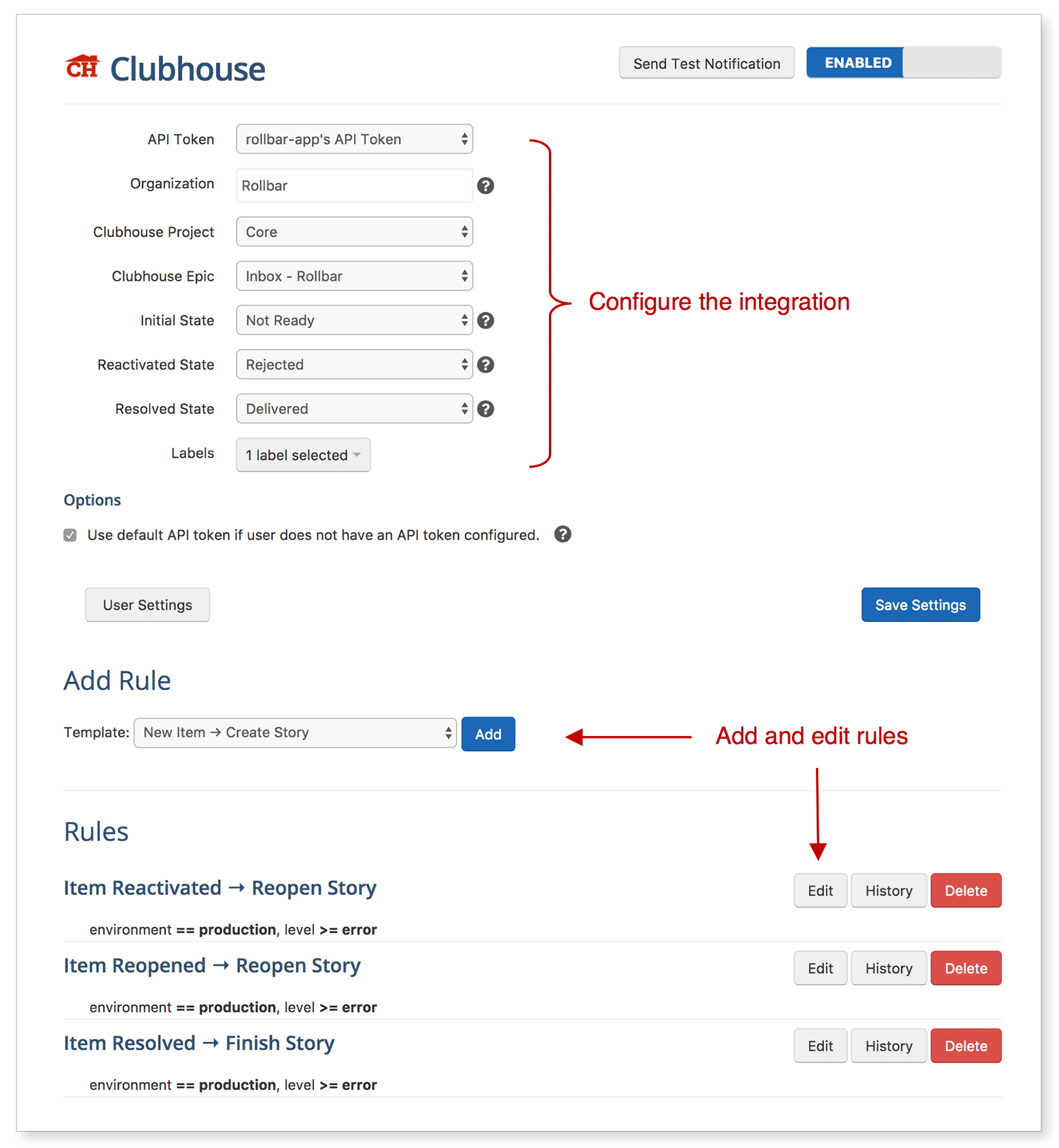 Rollbar setttings page for Shortcut integration