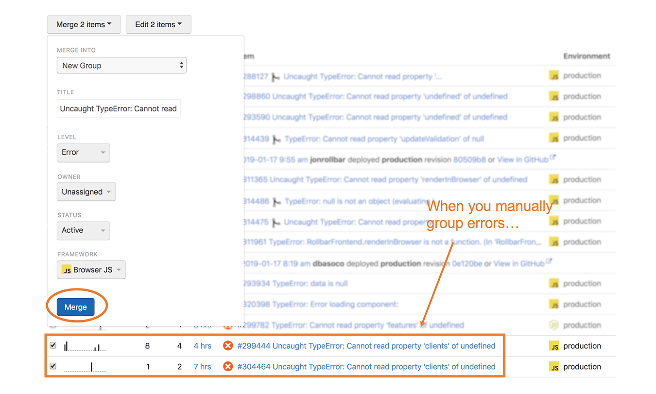 Manual error grouping in Rollbar's real-time error and crash reporting feed