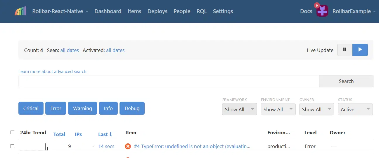 Screenshot of Rollbar React Native Error