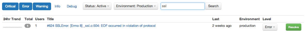 Real-time Search for Exceptions and Errors