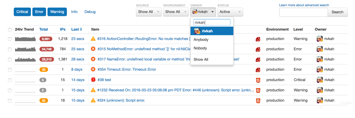 rollbar error live feed