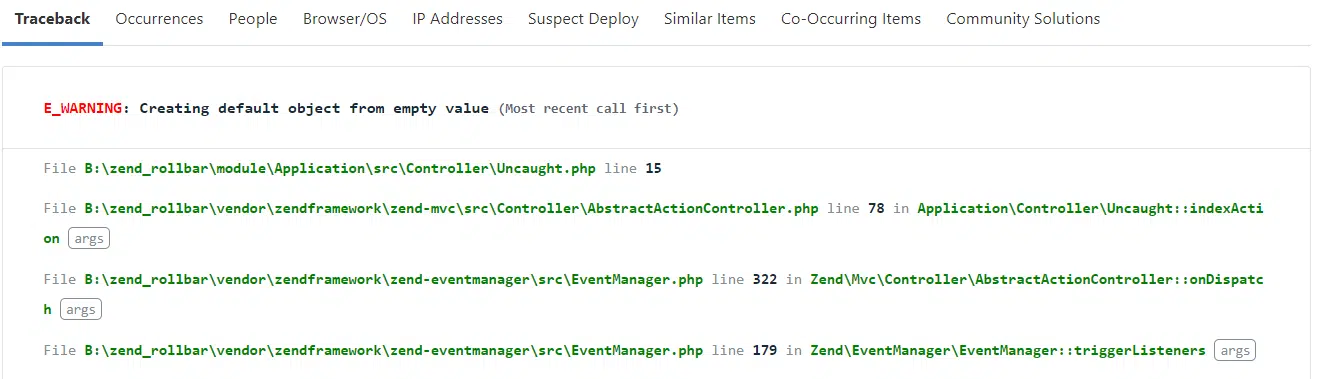 Screenshot of Rollbar zend 3 error item details