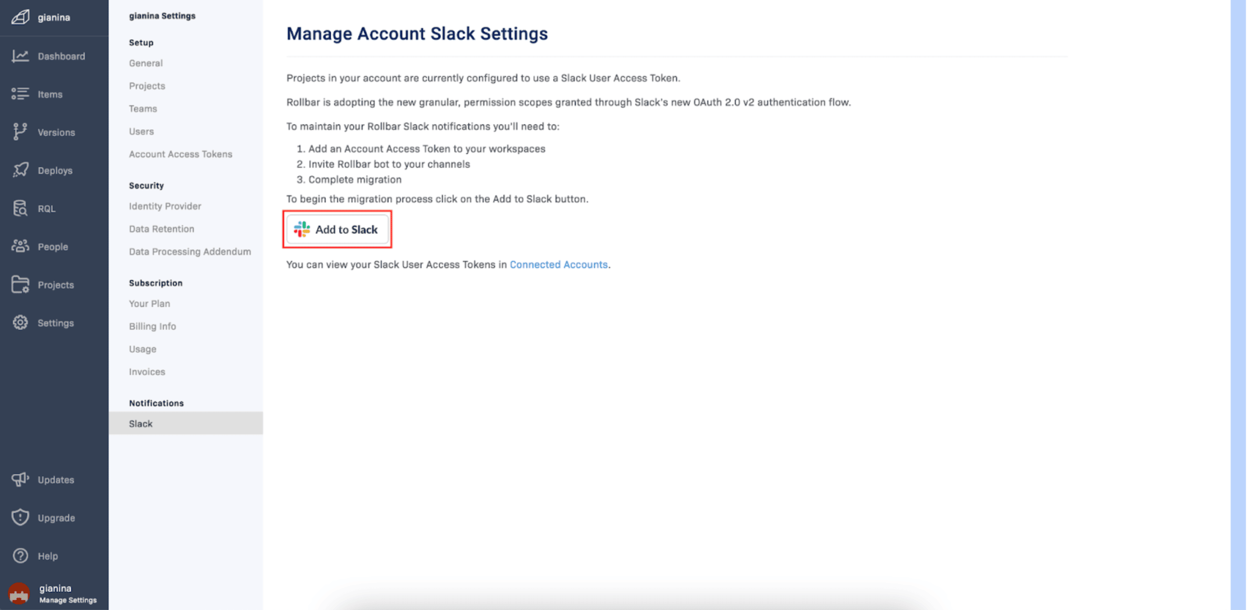 Manage Account Slack Settings