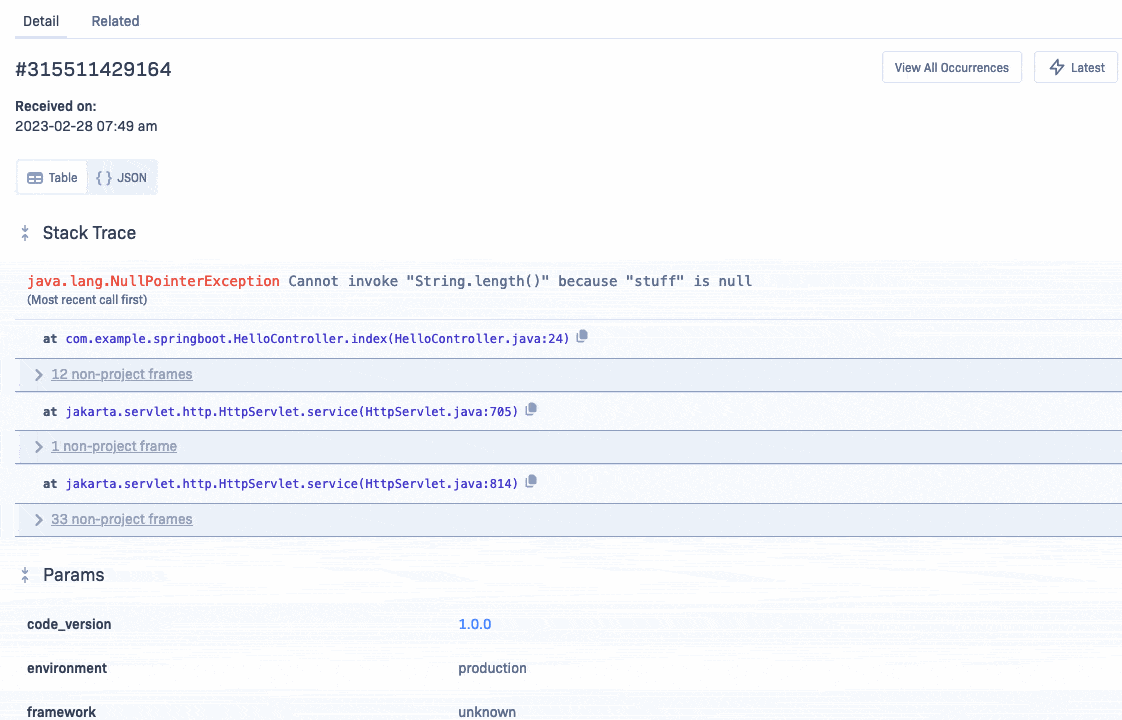 Collapsing internal and 3rd party non-project frames in a Java stack trace