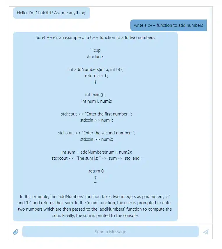ChatGPT prompt for C++ code to add two numbers