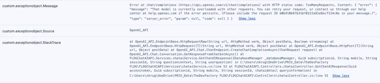 Example error message of API error caught by Rollbar